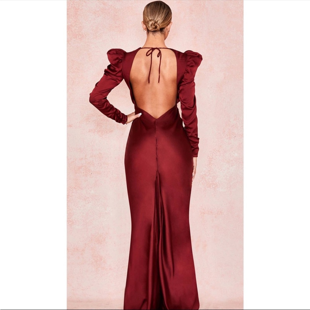 HOUSE OF CB Ottillie Sexy Open Back Puff Sleeves
Silky Satin Red Maxi Gown Dress - Picture 12 of 14